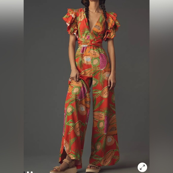 FARM Rio Pants - Farm Rio x Anthropologie Ruffle-Sleeve Deep-V Jumpsuit, NWT